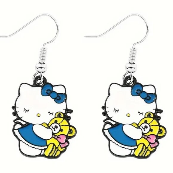 Sanrio Hello Kitty Earrings Enamel Love Teddy Bear Dangle Silver Goth Emo Scene - Picture 1 of 2